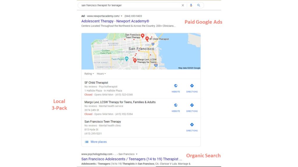 Local SEO for therapists includes google map, local 3-pack and organic search results.