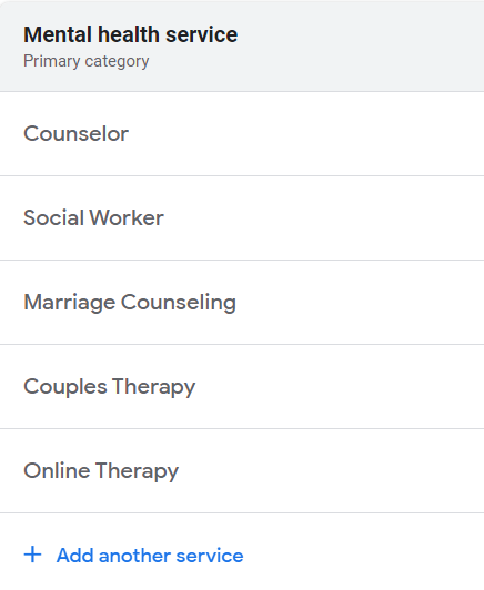 Google My Business categories for therapists.
