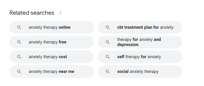 Google related searches for anxiety therapy.