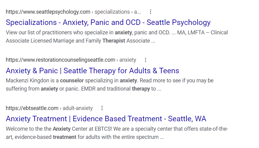 SEO titles and meta descriptions for counseling websites in Google's search results.
