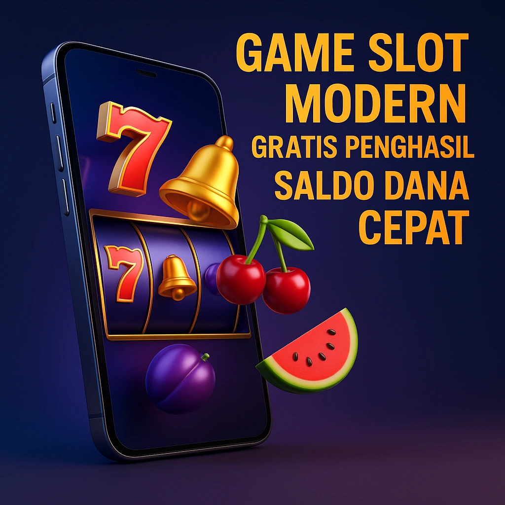 Smartphone menampilkan slot modern 3D dengan simbol klasik dan tulisan "Game Slot Modern Gratis Penghasil Saldo DANA Cepat" dalam latar ungu biru elegan