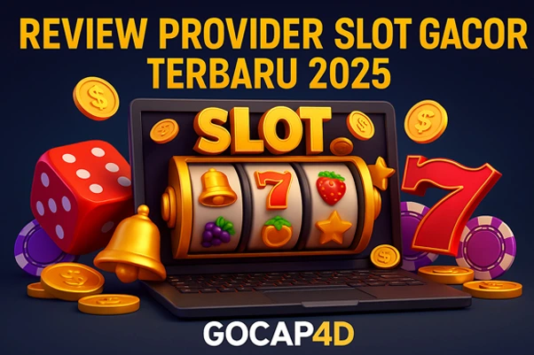 Ilustrasi 3D review provider slot gacor terbaik dengan tampilan visual modern dan detail mesin slot.